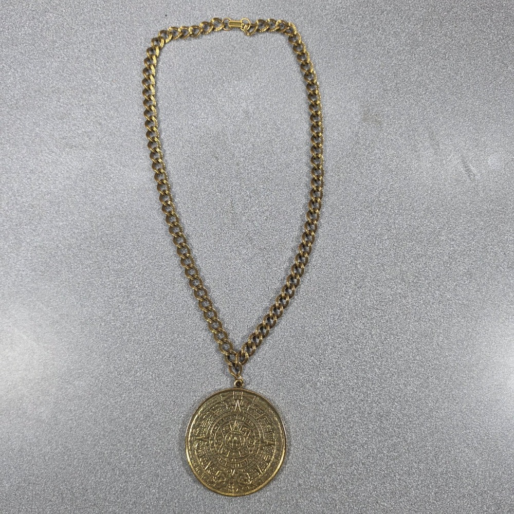 Aztec Calendar Pendant Necklace 26in Gold Tone‎ Excellent Medallion